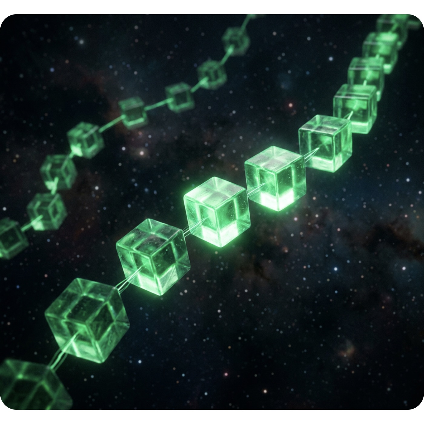Linked green blocks representing the Bitcoin network